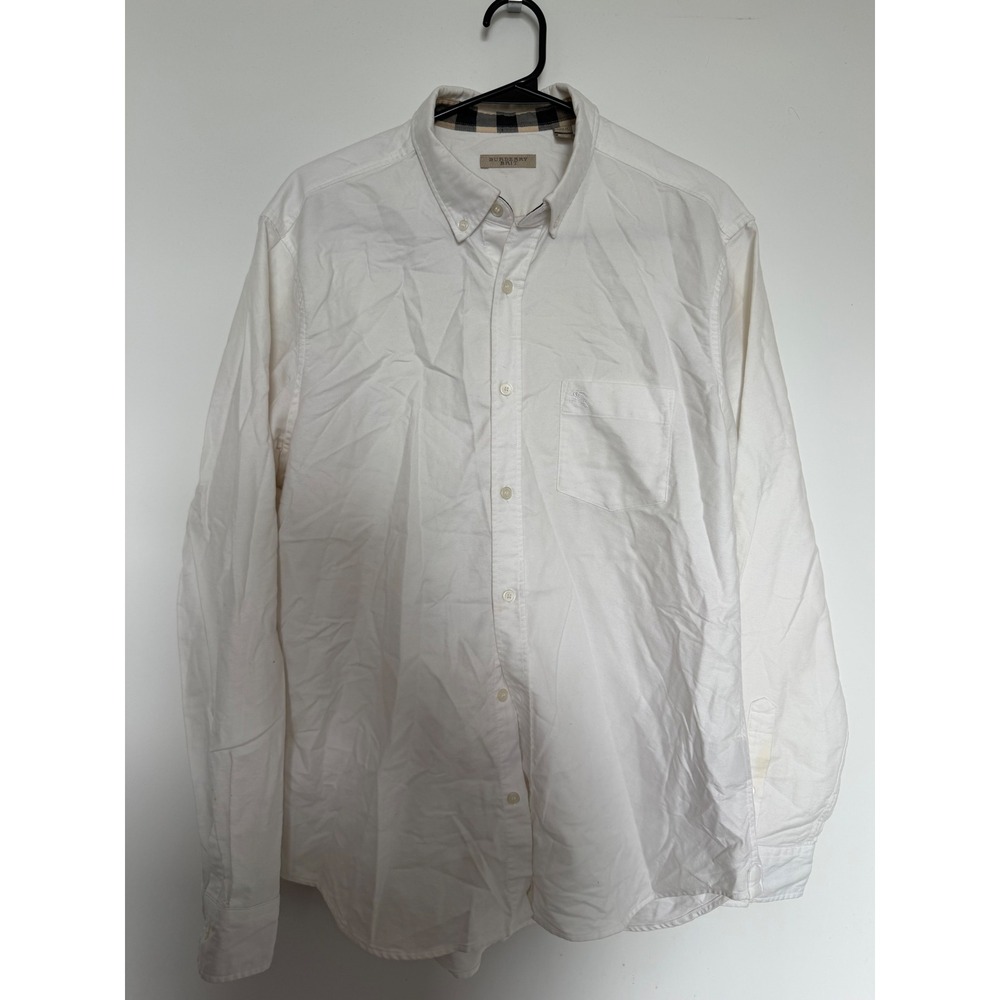 Burberry Brit Mens White Cotton Button Down Shirt Long Sleeve Nova Check L